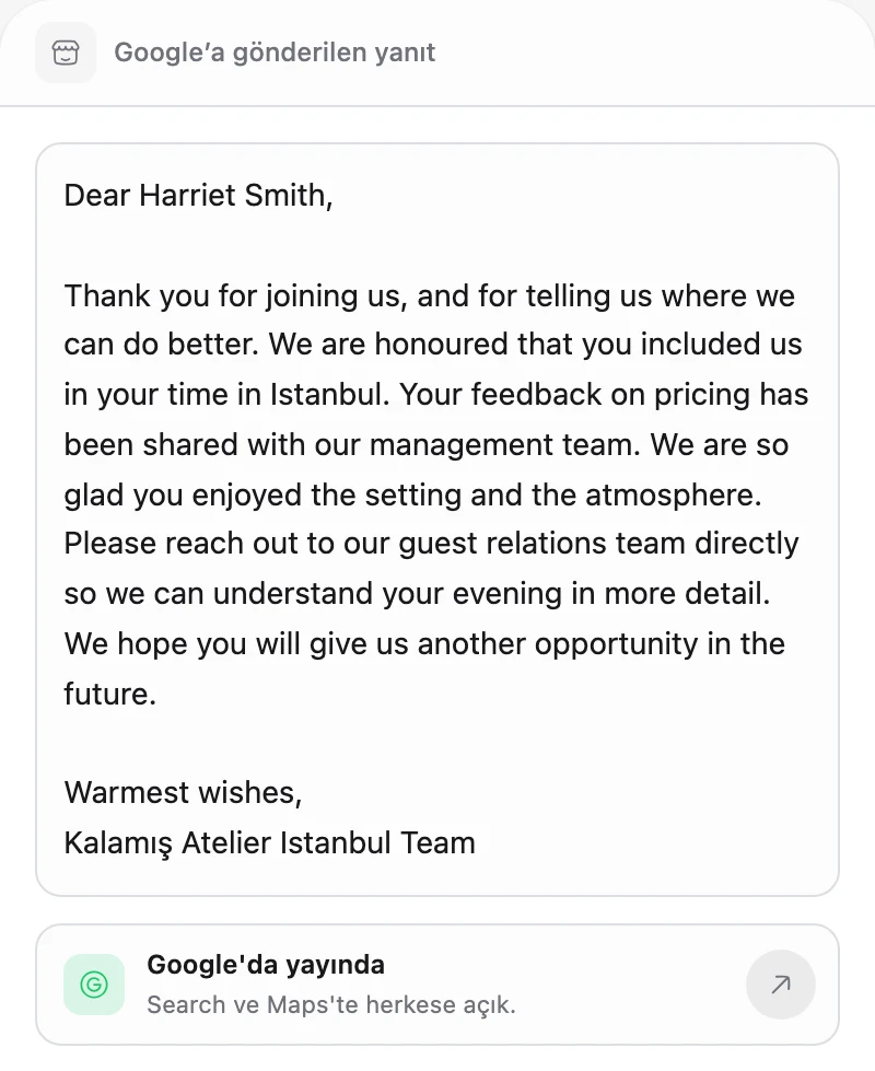 The business reply published to the review on Google